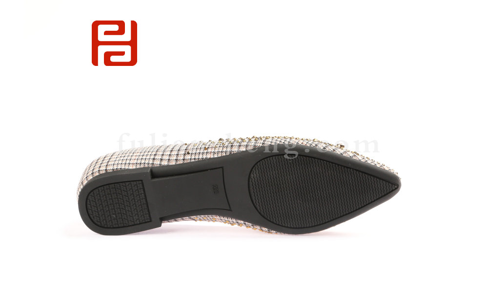 福连升民国风格子布单鞋女镶钻浅口尖头鞋平底瓢鞋(图3)