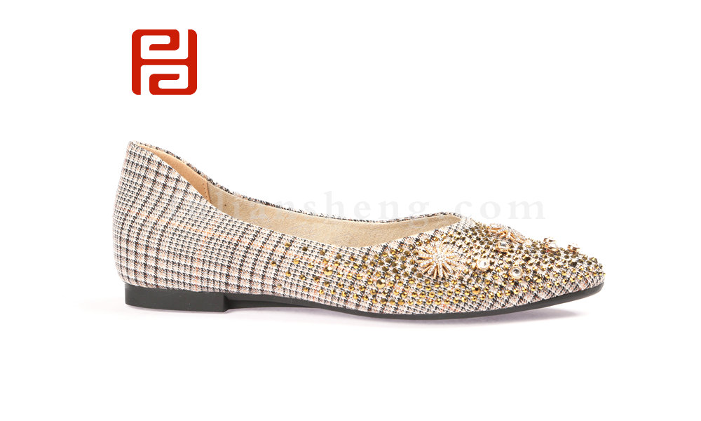 福连升民国风格子布单鞋女镶钻浅口尖头鞋平底瓢鞋(图2)