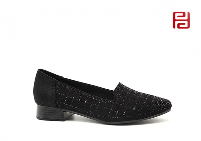 福连升休闲鞋工装鞋一脚蹬单鞋低粗跟尖头女鞋水钻浅口妈妈鞋